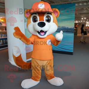 Orange Weasel mascot costume character dressed with a Culottes and Caps