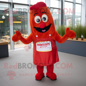 Red Currywurst mascot costume character dressed with a Dungarees and Cummerbunds