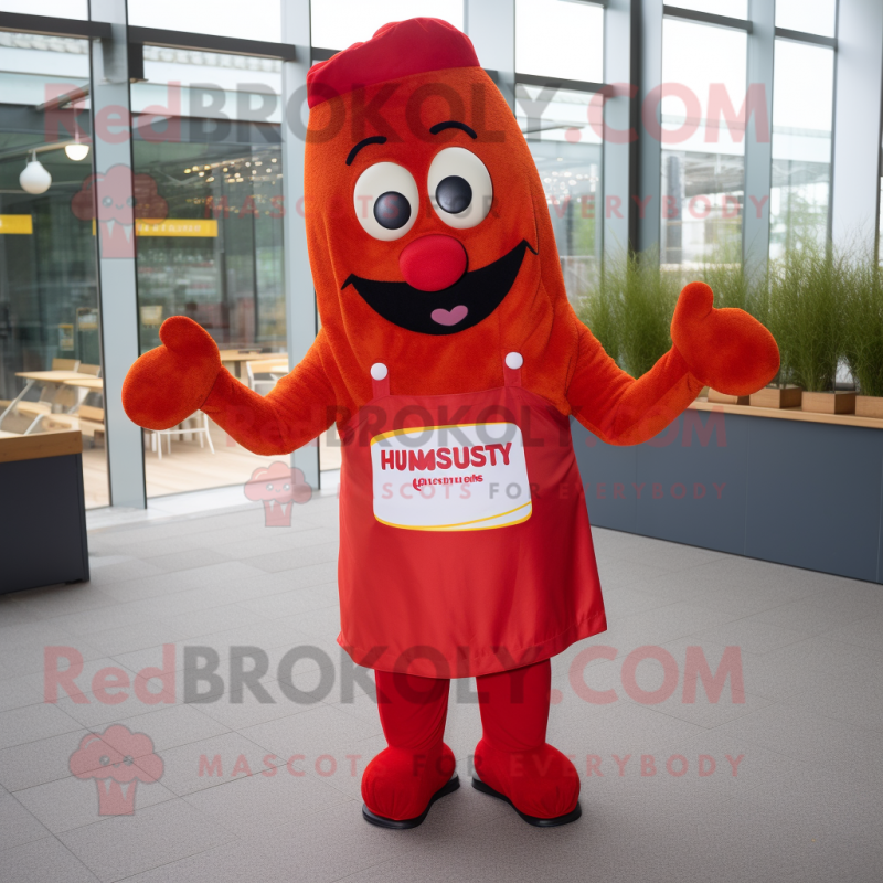 Red Currywurst mascot costume character dressed with a Dungarees and Cummerbunds Red Currywurst mascot costume character dressed with a Dungarees and Cummerbunds