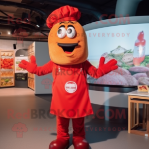 Red Currywurst mascot costume character dressed with a Dungarees and Cummerbunds