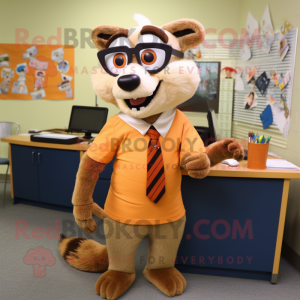 Tan Weasel mascot costume character dressed with a Pencil Skirt and Eyeglasses