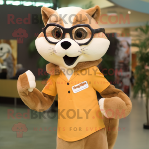 Tan Weasel mascot costume character dressed with a Pencil Skirt and Eyeglasses