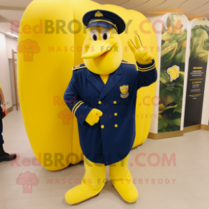 Navy Banana mascot costume character dressed with a Cover-up and Shoe clips