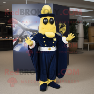 Navy Banana mascot costume character dressed with a Cover-up and Shoe clips