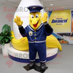 Navy Banana mascot costume character dressed with a Cover-up and Shoe clips