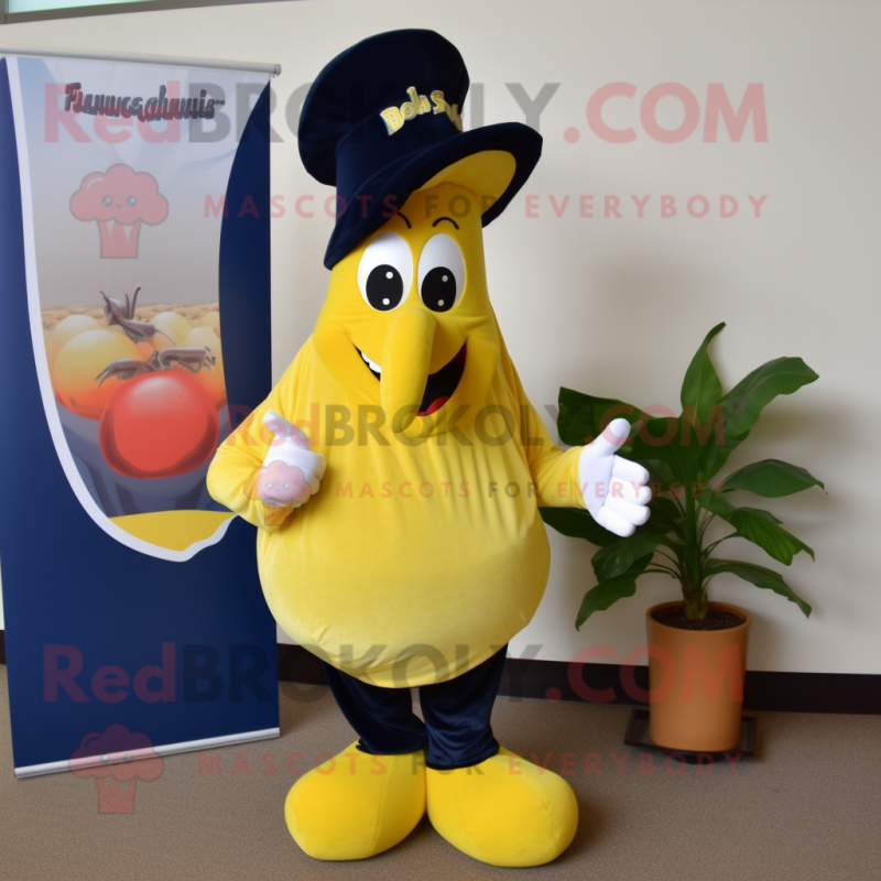 Navy Banana mascot costume character dressed with a Cover-up and Shoe clips Navy Banana mascot costume character dressed with a Cover-up and Shoe clips