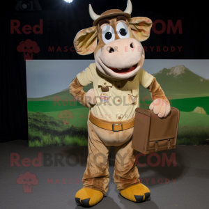 Tan Hereford Cow mascot costume character dressed with a Cargo Pants and Mittens