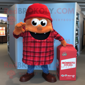 Red Bottle Of Ketchup mascot costume character dressed with a Flannel Shirt and Wallets