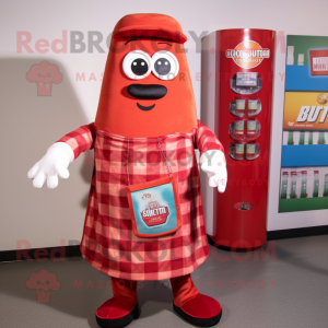 Red Bottle Of Ketchup mascot costume character dressed with a Flannel Shirt and Wallets