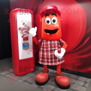 Red Bottle Of Ketchup mascot costume character dressed with a Flannel Shirt and Wallets