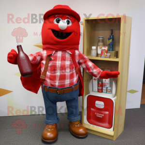 Red Bottle Of Ketchup mascot costume character dressed with a Flannel Shirt and Wallets