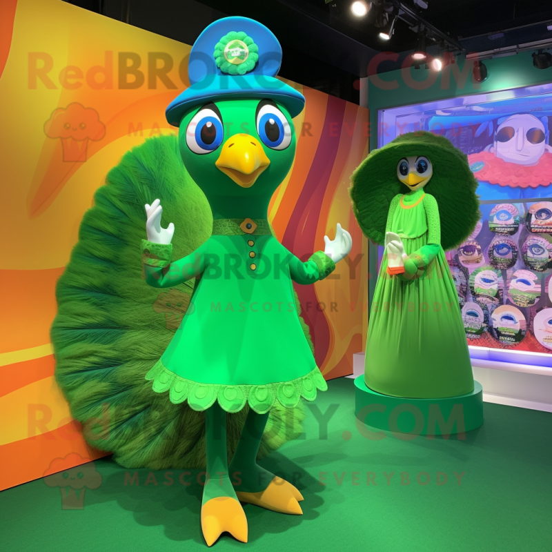 Green Peacock mascot costume character dressed with a Mini Skirt and Berets