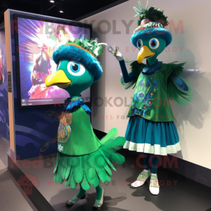 Green Peacock mascot costume character dressed with a Mini Skirt and Berets