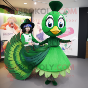 Green Peacock mascot costume character dressed with a Mini Skirt and Berets