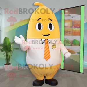 Cream Mango mascot costume character dressed with a Long Sleeve Tee and Ties