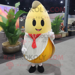 Cream Mango mascot costume character dressed with a Long Sleeve Tee and Ties