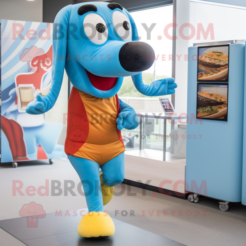 Sky Blue Hot Dog mascot costume character dressed with a Running Shorts and Brooches