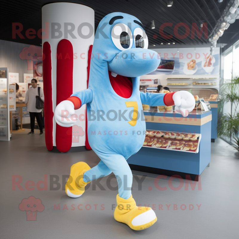 Sky Blue Hot Dog mascot costume character dressed with a Running Shorts and Brooches Sky Blue Hot Dog mascot costume character dressed with a Running Shorts and Brooches