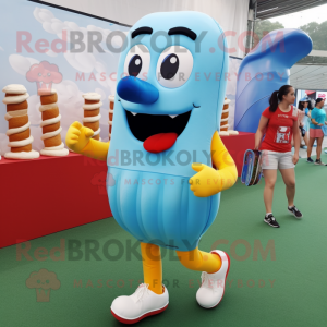 Sky Blue Hot Dog mascot costume character dressed with a Running Shorts and Brooches