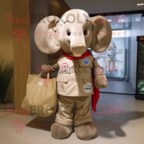 Tan Elephant mascot costume character dressed with a Vest and Tote bags