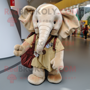 Tan Elephant mascot costume character dressed with a Vest and Tote bags