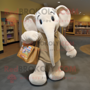 Tan Elephant mascot costume character dressed with a Vest and Tote bags