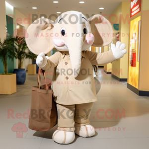 Tan Elephant mascot costume character dressed with a Vest and Tote bags