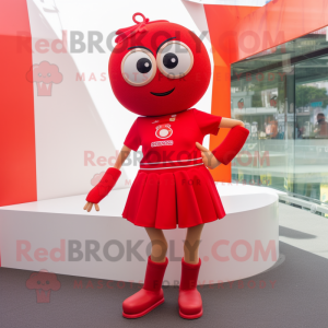 Red Momentum mascot costume character dressed with a Mini Skirt and Bracelets