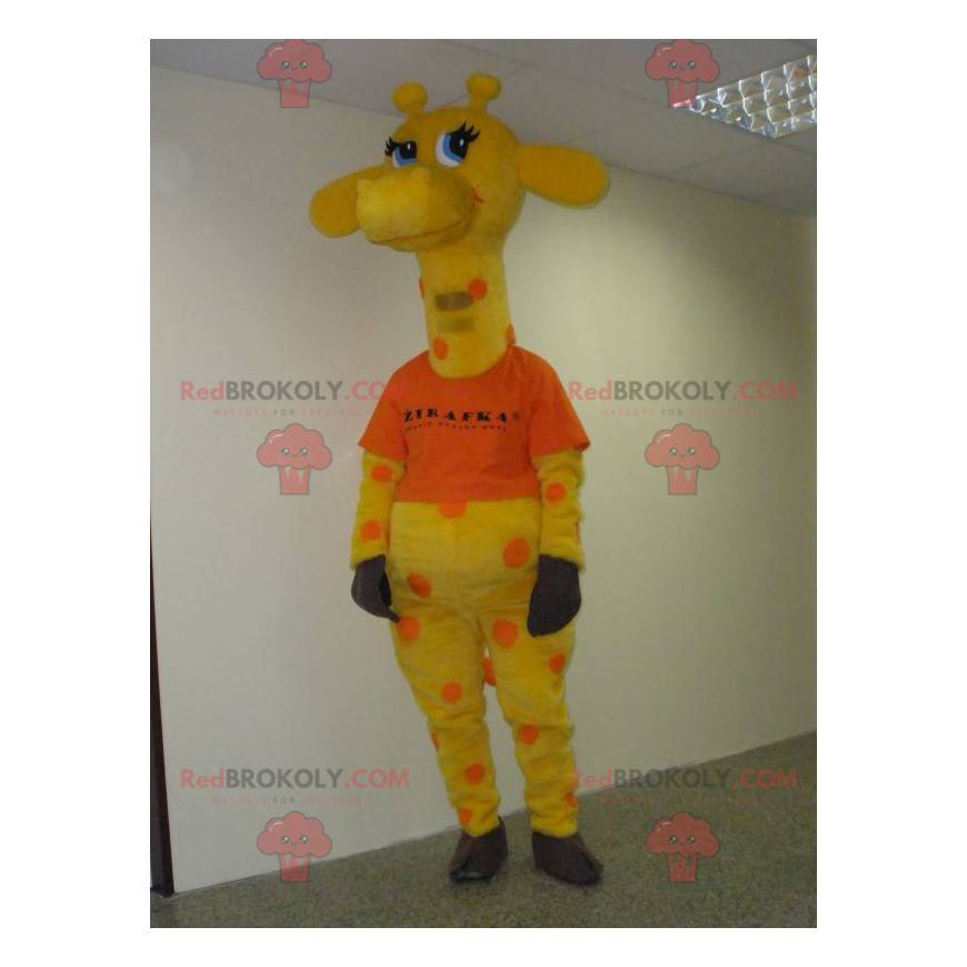 Mascote girafa amarela e laranja com olhos azuis -