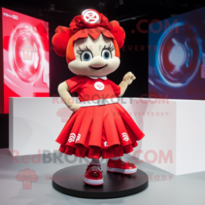 Red Momentum mascot costume character dressed with a Mini Skirt and Bracelets