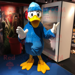 Blue Duck mascot costume character dressed with a Chinos and Gloves