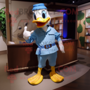 Blue Duck mascot costume character dressed with a Chinos and Gloves