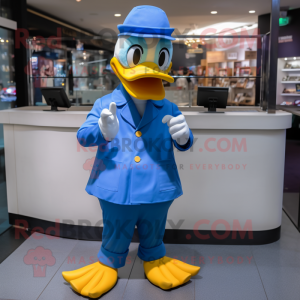 Blue Duck mascot costume character dressed with a Chinos and Gloves