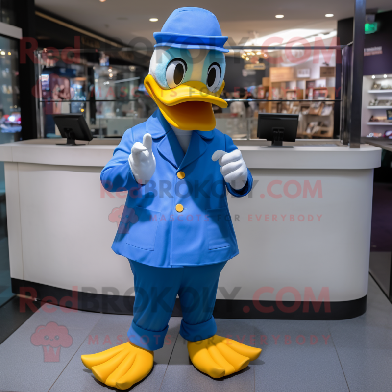 Blue Duck mascot costume character dressed with a Chinos and Gloves Blue Duck mascot costume character dressed with a Chinos and Gloves
