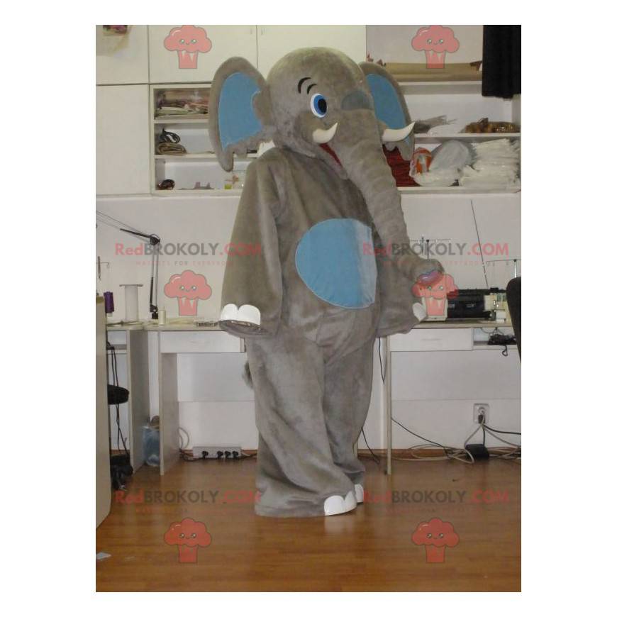 Mascote elefante gigante cinza e azul - Redbrokoly.com