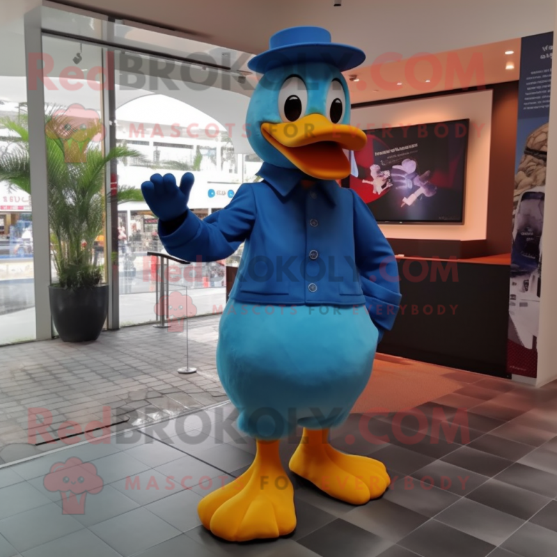 Blue Duck mascot costume character dressed with a Chinos and Gloves