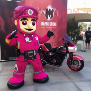 Magenta Fire Fighter mascot costume character dressed with a Moto Jacket and Hairpins