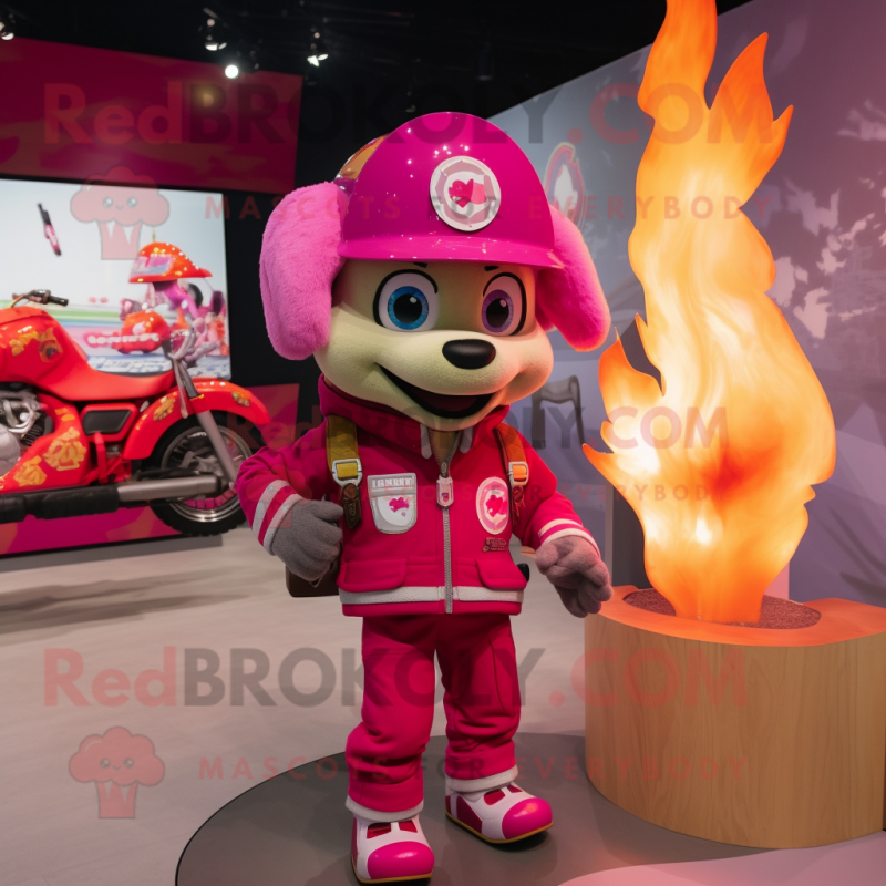 Magenta Fire Fighter mascot costume character dressed with a Moto Jacket and Hairpins