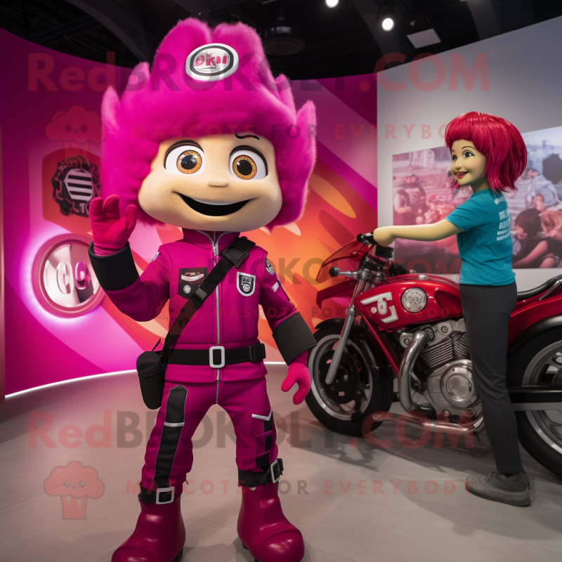 Magenta Fire Fighter mascot costume character dressed with a Moto Jacket and Hairpins