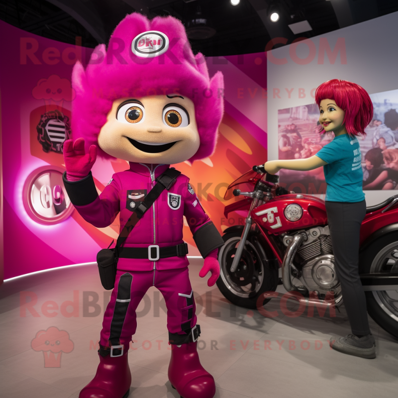 Magenta Fire Fighter mascot costume character dressed with a Moto Jacket and Hairpins Magenta Fire Fighter mascot costume character dressed with a Moto Jacket and Hairpins