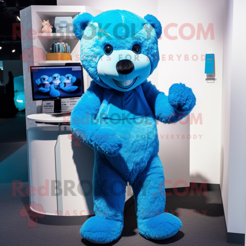 Blue Teddy Bear mascot costume character dressed with a Turtleneck and Hair clips Blue Teddy Bear mascot costume character dressed with a Turtleneck and Hair clips