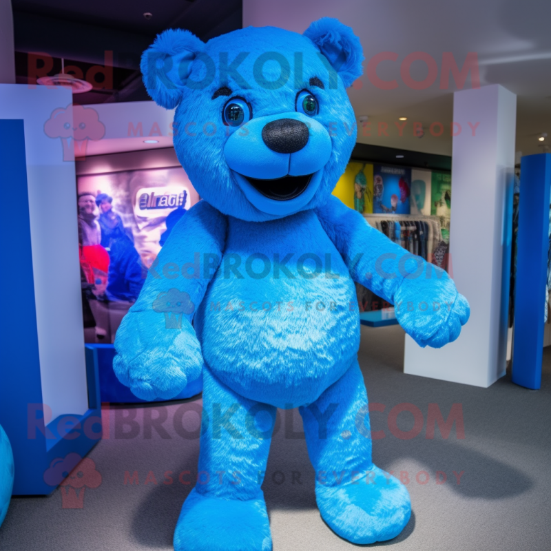 Blue Teddy Bear mascot costume character dressed with a Turtleneck and Hair clips Blue Teddy Bear mascot costume character dressed with a Turtleneck and Hair clips