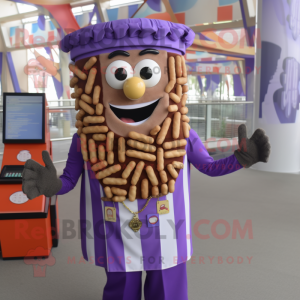 Purple French Fries mascot costume character dressed with a Button-Up Shirt and Necklaces
