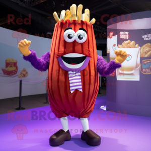 Purple French Fries mascot costume character dressed with a Button-Up Shirt and Necklaces