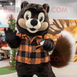 Brown Skunk mascot costume character dressed with a Flannel Shirt and Mittens