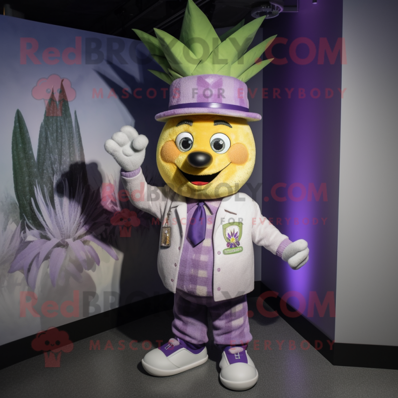 Lavender Pineapple mascot costume character dressed with a Bomber Jacket and Hat pins Lavender Pineapple mascot costume character dressed with a Bomber Jacket and Hat pins