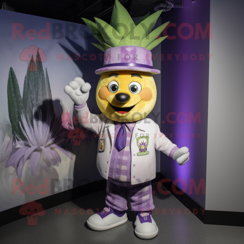 Lavender Pineapple mascot costume character dressed with a Bomber Jacket and Hat pins