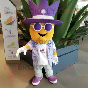 Lavender Pineapple mascot costume character dressed with a Bomber Jacket and Hat pins