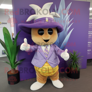 Lavender Pineapple mascot costume character dressed with a Bomber Jacket and Hat pins