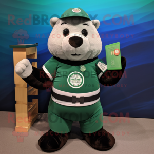 Forest Green Seal mascot costume character dressed with a V-Neck Tee and Belts